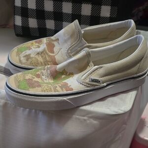 Vans Cream and Tan Slip-On Sneakers with Floral Accents